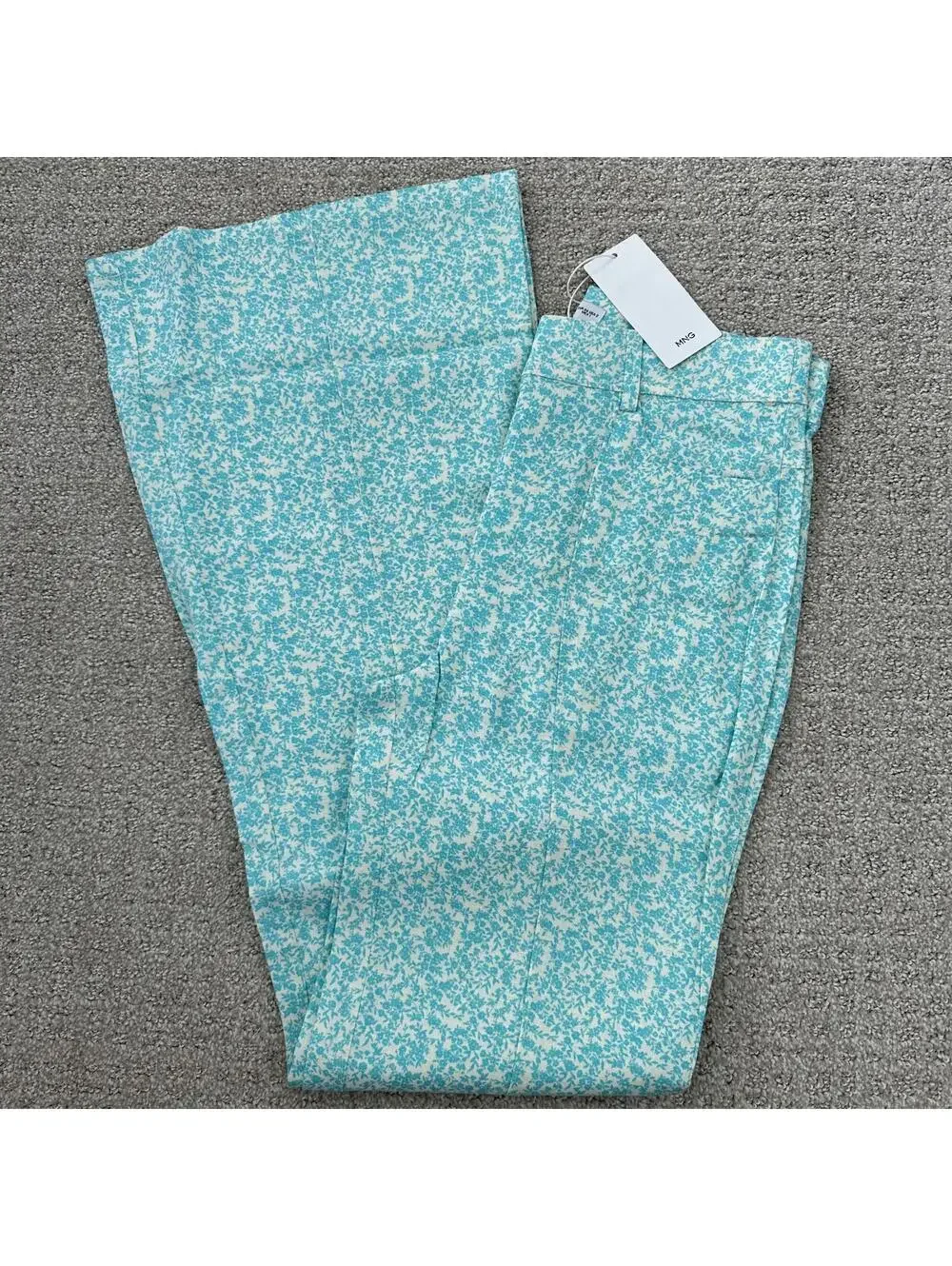 Mango Floral Linen-Blend Flare Pants Turquoise NWT Size 2/XS